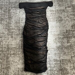 Black Strapless Dress with tan interior and ruffles.